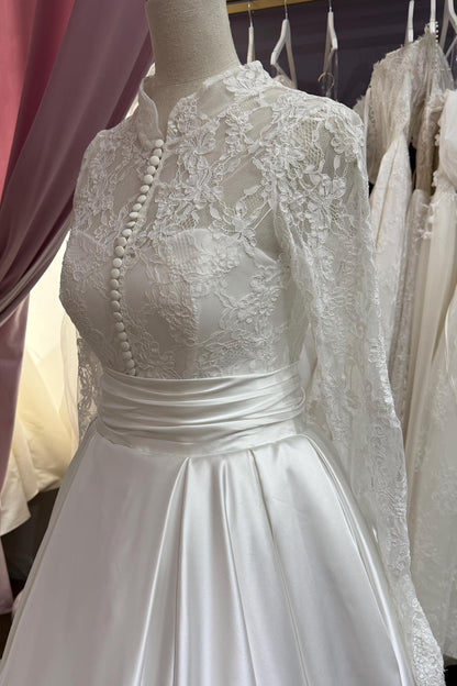 High-Neck Long-Sleeves Beaded Lace Applique Tulle&Satin Pleated A-Line Wedding Dress