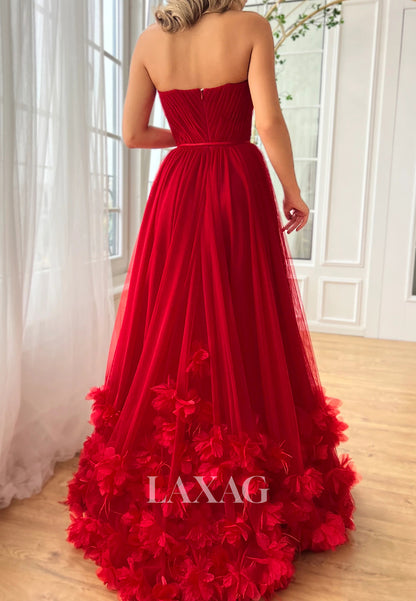 Off-Shoulder Sweetheart A-Line Prom Dress Floral Embellished Pleated Tulle Evening Gowns