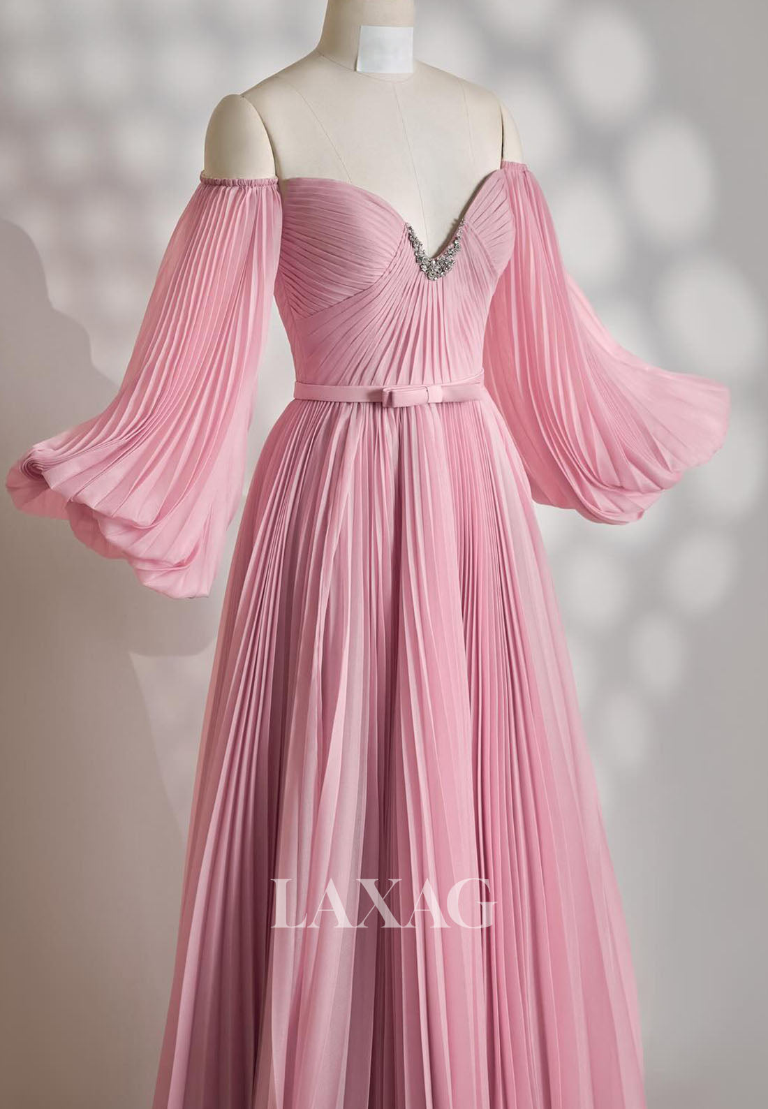 Sweetheart V-Neck Off-Shoulder Long-Sleeves Beaded Pleated Chiffon Evening Dress