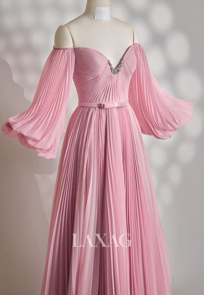 Sweetheart V-Neck Off-Shoulder Long-Sleeves Beaded Pleated Chiffon Evening Dress