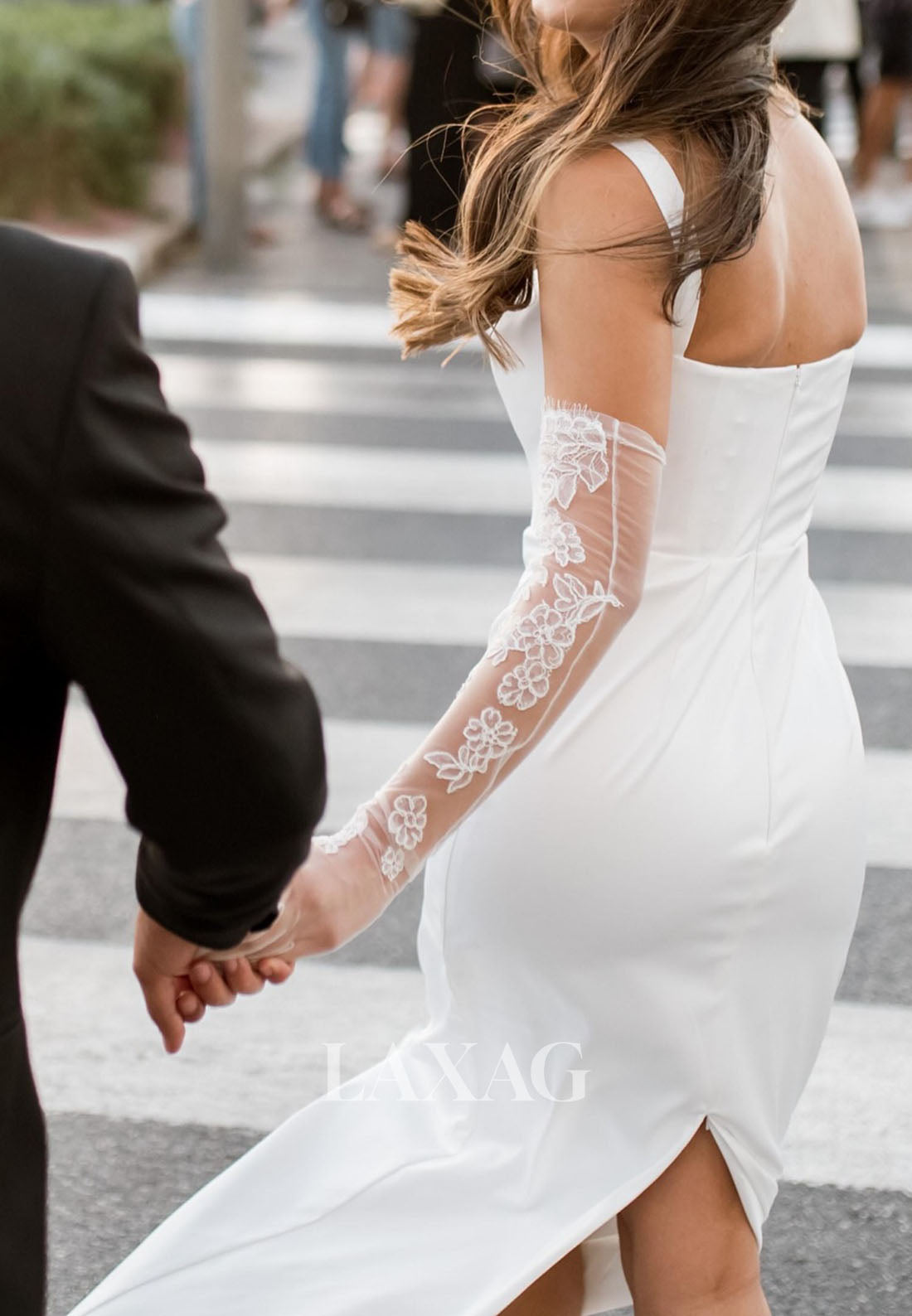 Tube Top Spaghetti Straps Bride Gowns Floor-Length Satin Mermaid Wedding Dress with Gloves