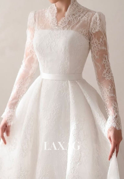 A-Line High V-Neck Long-Sleeves Allover Lace Pleated Sheer Sweep Train Wedding Dress