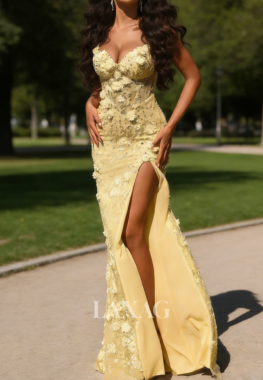 Sweetheart Spaghetti Straps Sequined Floral Embellished Tulle Mermaid Prom Dress with High Slit