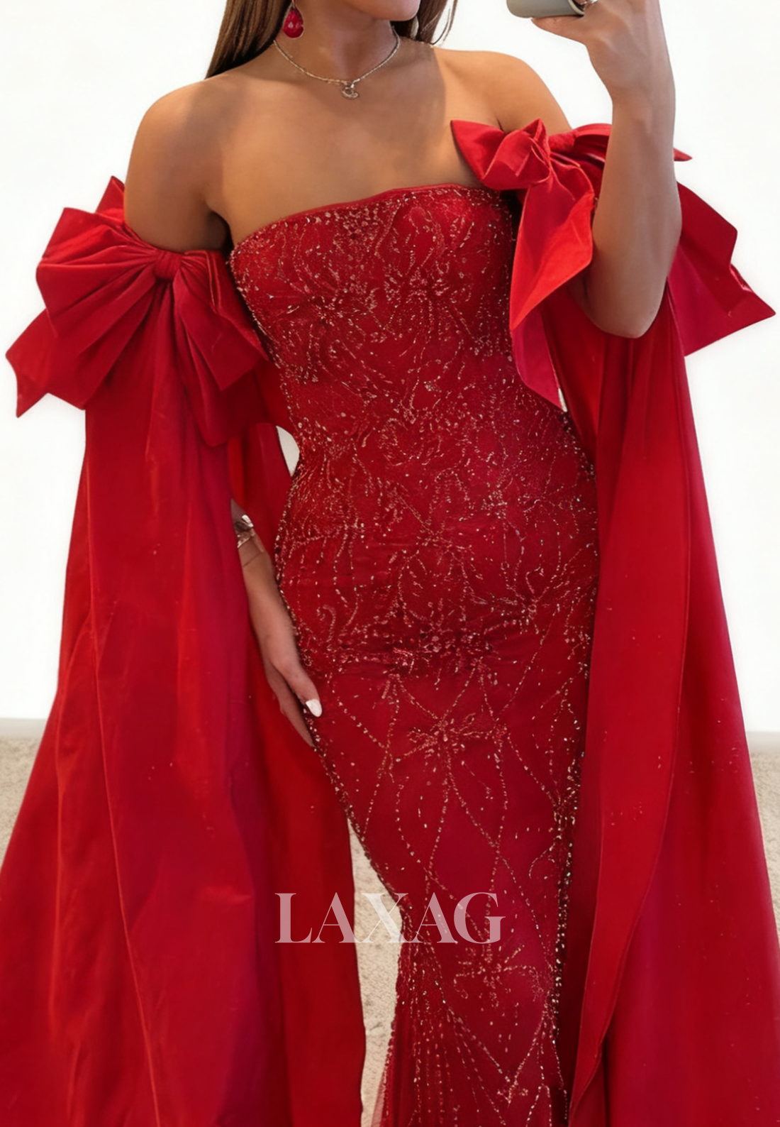 Tube Top Cape-Sleeves Pleated Satin Party Gowns Fully Sequined Beaded Mermaid Prom Dress