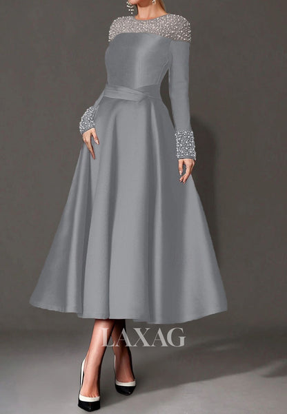 Scoop-Neck Long-Sleeves A-Line Evening Dress Beaded Pleated Satin Tea-Length Formal Gowns