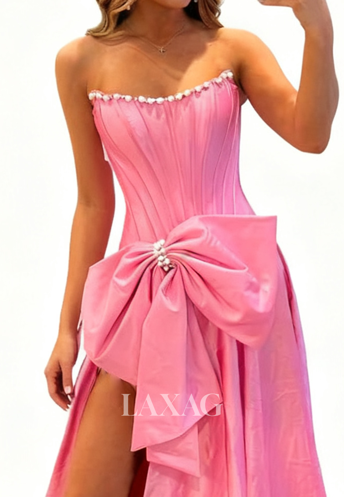 Scoop-Neck Sleeveless Pleated Satin A-Line Prom Dress Off-Shoulder Pearls Party Gowns with Bow