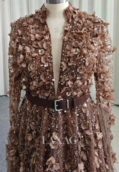 A-Line Plunging V-Neck Long-Sleeves Prom Dress Sequined Floral Embellished Tulle Party Gowns