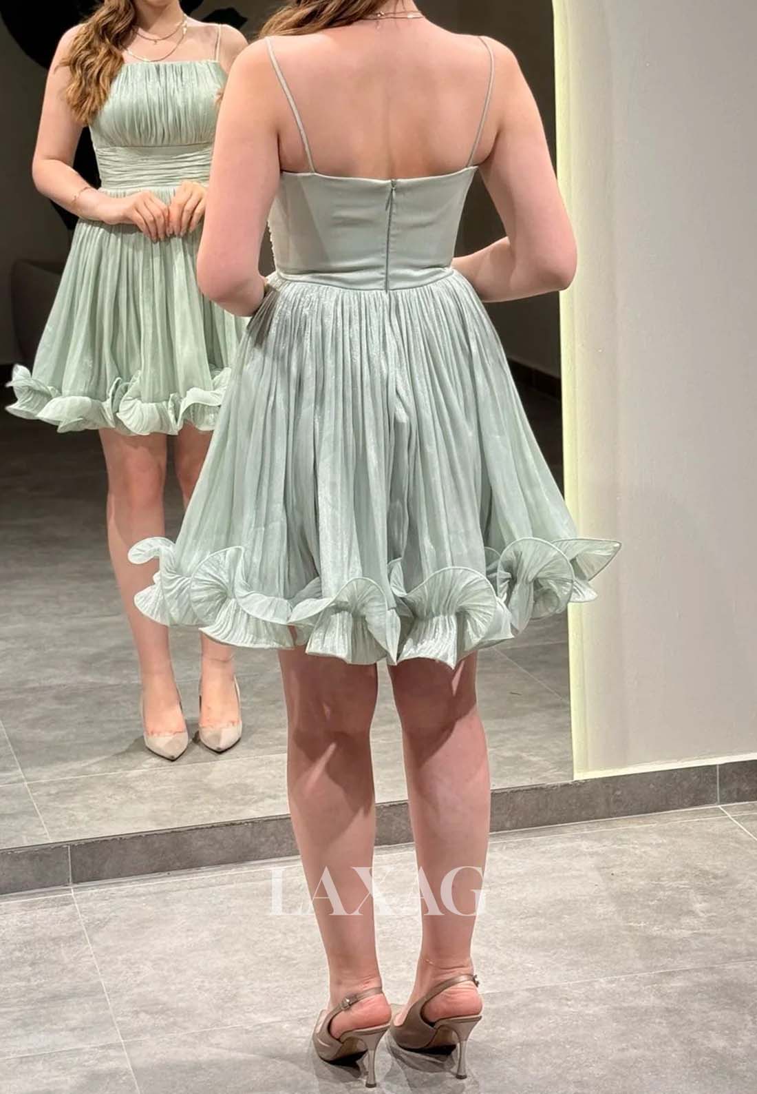 Spaghetti Straps Bateau-Neck Off-Shoulder Pleated Chiffon A-Line Homecoming Dress