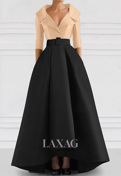 V-Neck Collared 3/4-Sleeves A-Line Evening Dress Two Tone Satin Floor-Length Formal Gowns