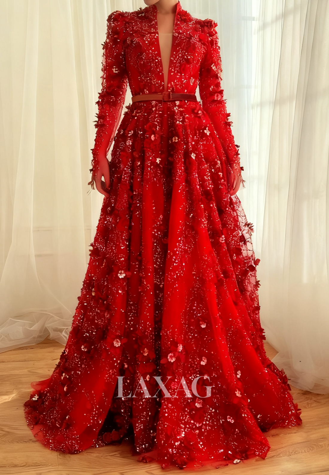 A-Line Plunging V-Neck Long-Sleeves Prom Dress Sequined Floral Embellished Tulle Party Gowns