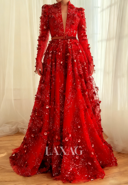 A-Line Plunging V-Neck Long-Sleeves Prom Dress Sequined Floral Embellished Tulle Party Gowns