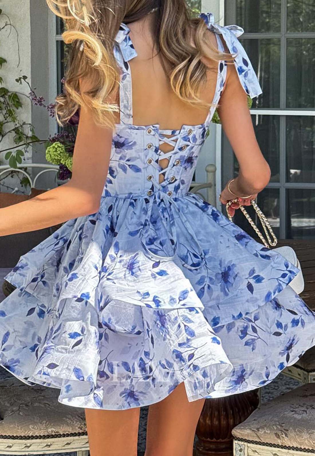 Sweetheart Spaghetti Straps Sleeveless Pleated Print-Chiffon Tiered A-Line Homecoming Dress