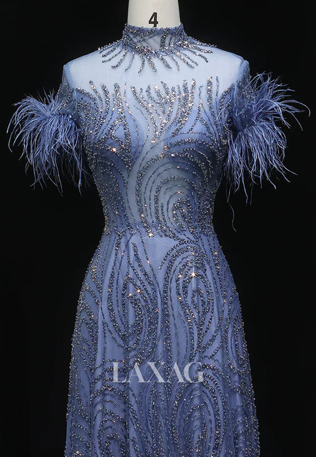 High-Neck Short-Sleeves Pleated A-Line Prom Dress Feathered Fully Sequined Beaded Evening Gowns