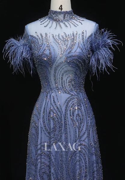 High-Neck Short-Sleeves Pleated A-Line Prom Dress Feathered Fully Sequined Beaded Evening Gowns