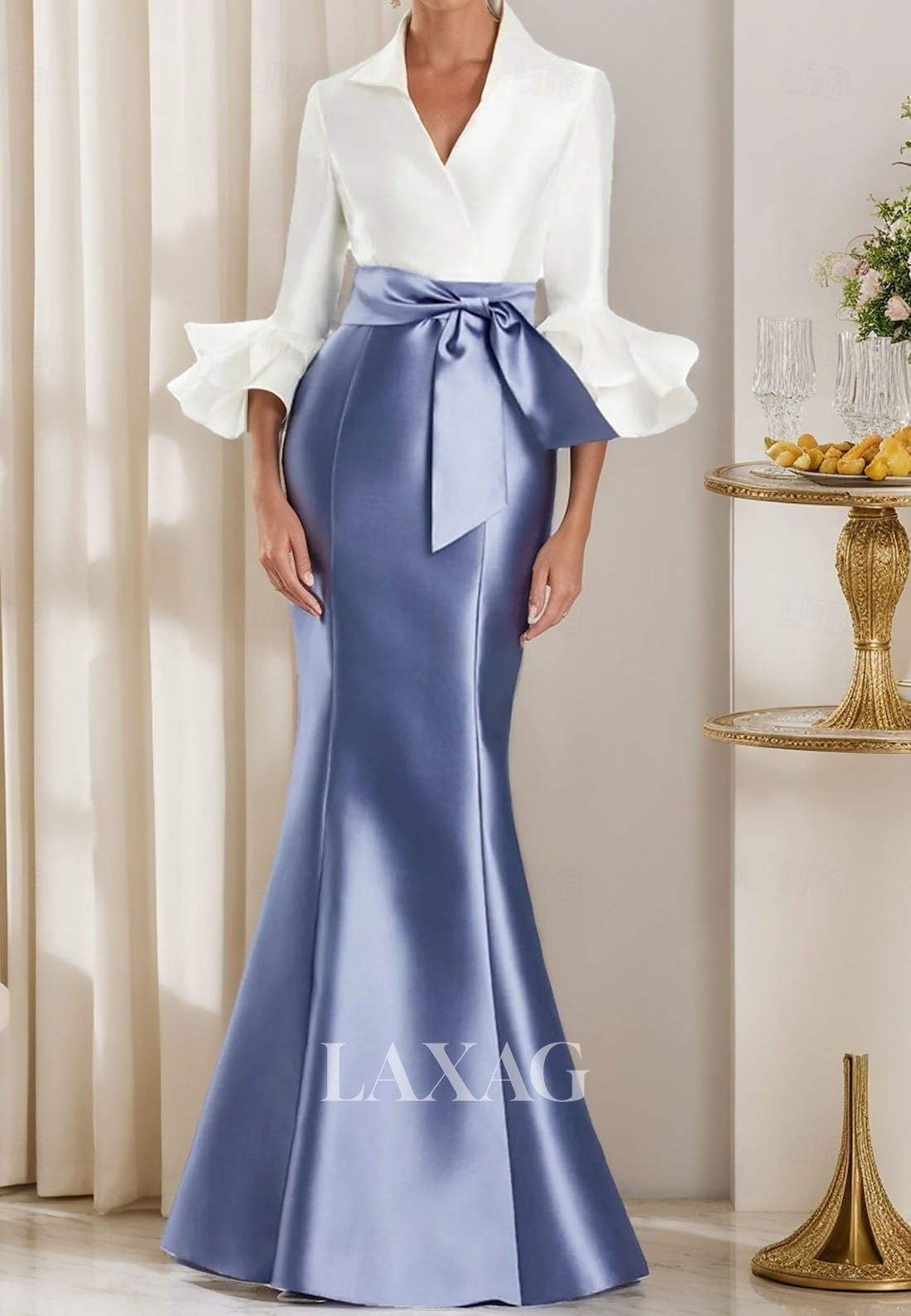 V-Neck Half-Sleeves Trumpet Mermaid Evening Dress Pleated Satin Floor-Length Formal Gowns