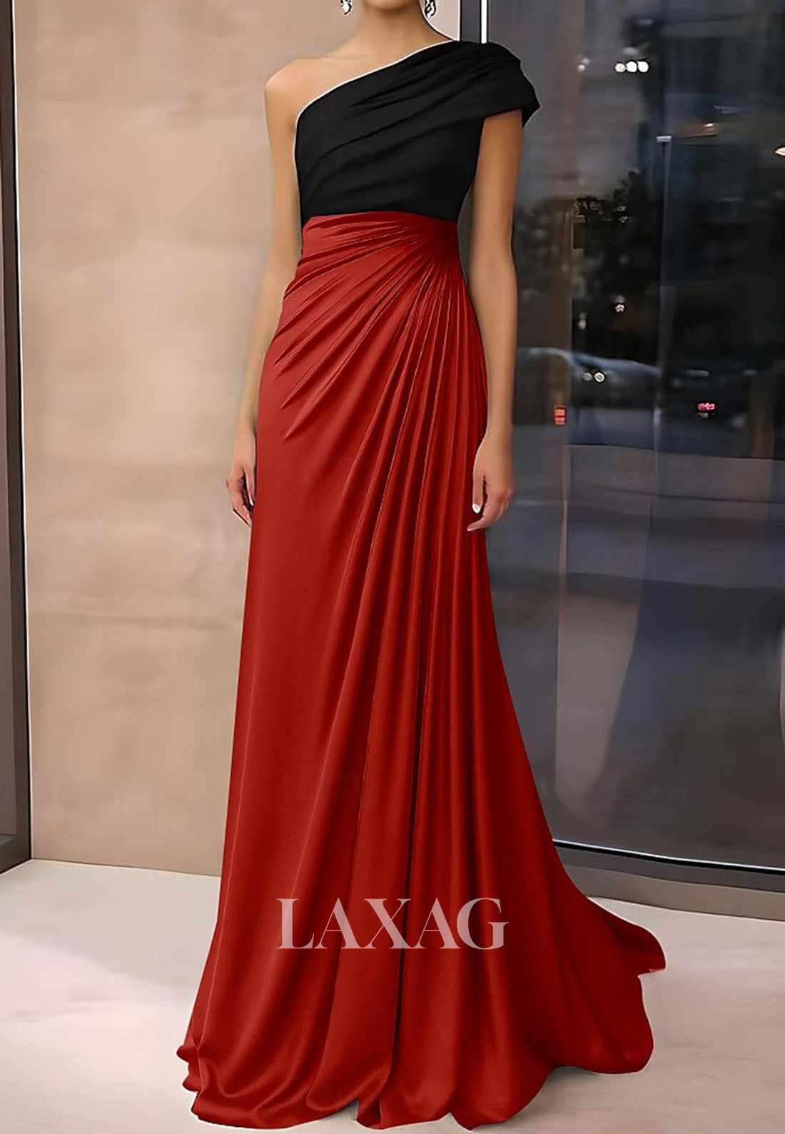 Asymmetrical-Neck Satin Pleated Formal Gowns Floor-Length Long A-Line Evening Dress