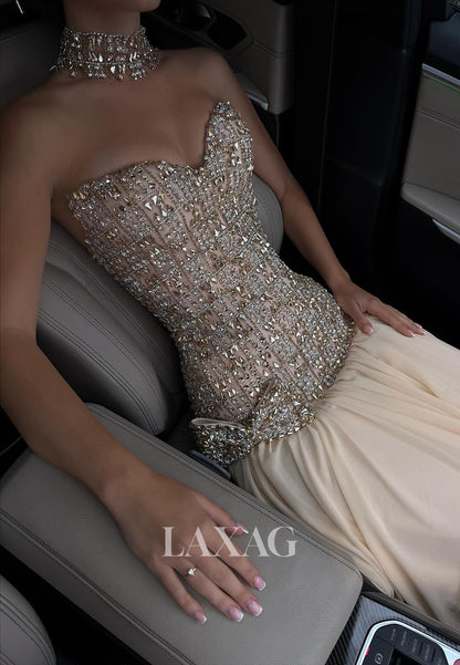 Off-Shoulder Sweetheart Chiffon Pleated A-Line Prom Dress Sleeveless Rhinestone Beaded Party Gowns