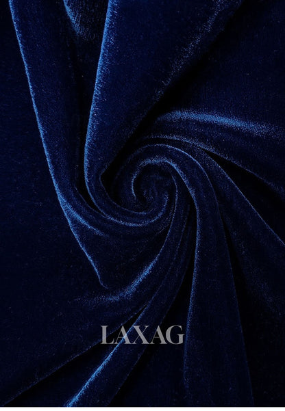 Floor-Length Sequined Applique Velvet Mermaid Evening Dress V-Neck Collared 3/4-Sleeves Formal Gowns