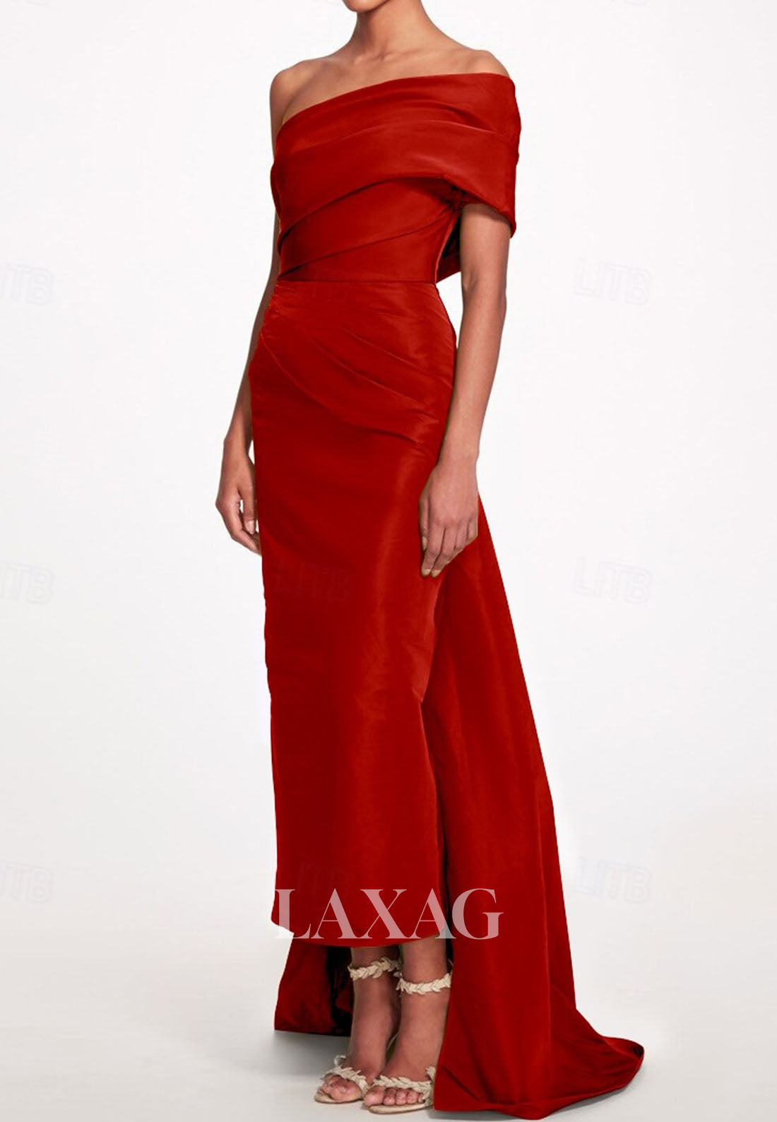 Asymmetrical-Neck Off-Shoulder Sleeveless Pleated Satin Ankle-Length Mermaid Formal Evening Dress