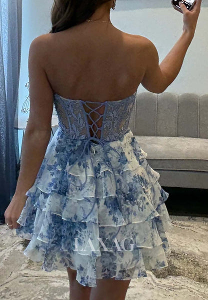 Sweetheart Off-Shoulder Beaded Lace Applique Print-Chiffon Tiered A-Line Homecoming Dress