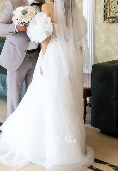 A-Line Sweetheart Pleated Tulle Wedding Dress Short-Puff-Sleeves Sequined Beaded Bride Gowns