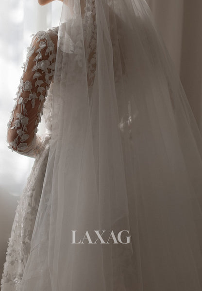 Scoop-Neck Long-Sleeves Bride Gowns Applique Sequined Pleated Tulle A-Line Wedding Dress