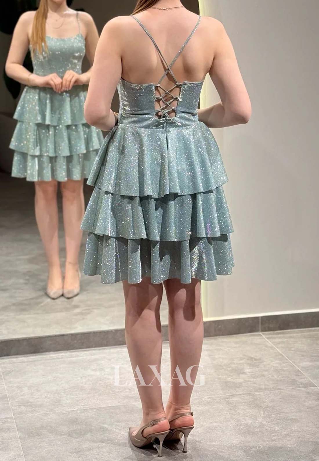 Scoop-Neck Spaghetti Straps Off-Shoulder Pleated Glitter-Knit Tiered A-Line Party Homecoming Dress