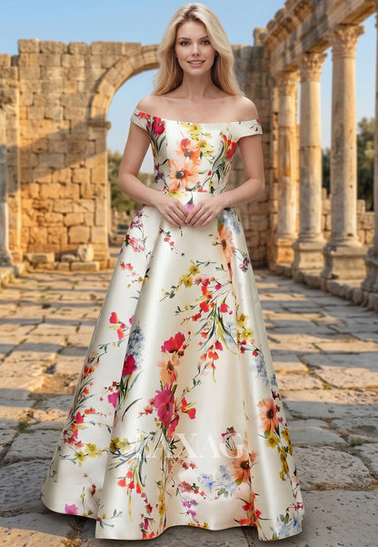 Bateau-Neck Sleeveless Print-Satin Floor-Length A-Line Mother of the Bride Dress