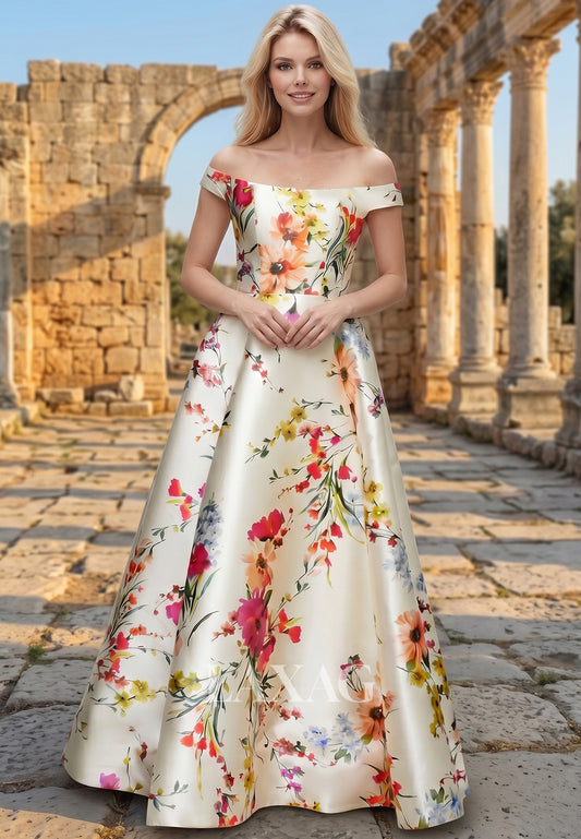 Bateau-Neck Sleeveless Print-Satin Floor-Length A-Line Mother of the Bride Dress