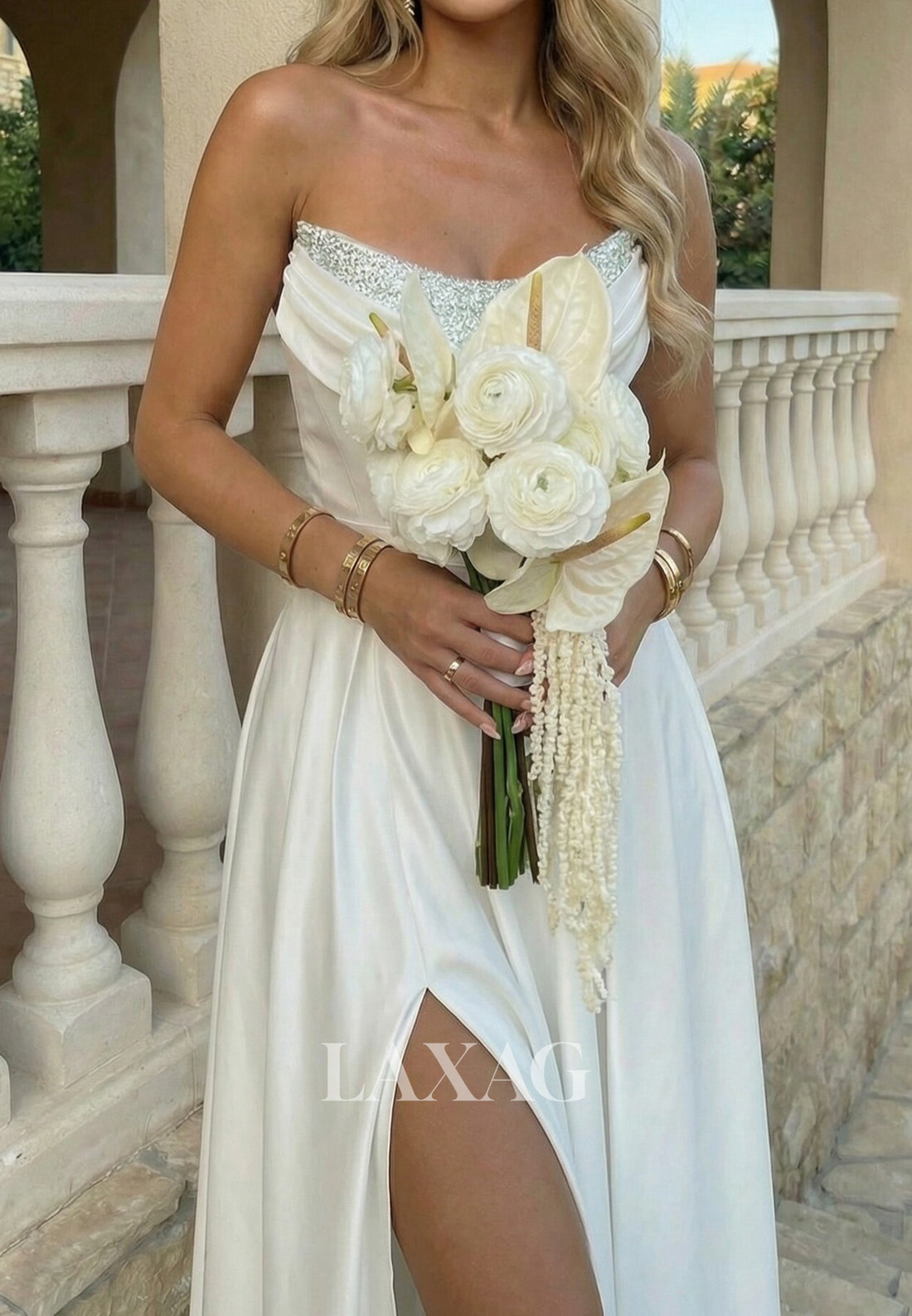 Scoop-Neck Off-Shoulder Sleeveless Floor-Length Beaded Satin Pleated A-Line Prom Dress with Slit