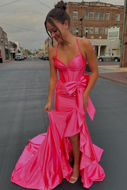 Halter V-Neck Pleated Satin Mermaid Prom Dress Off-Shoulder Sweep Train Party Gowns with Bow