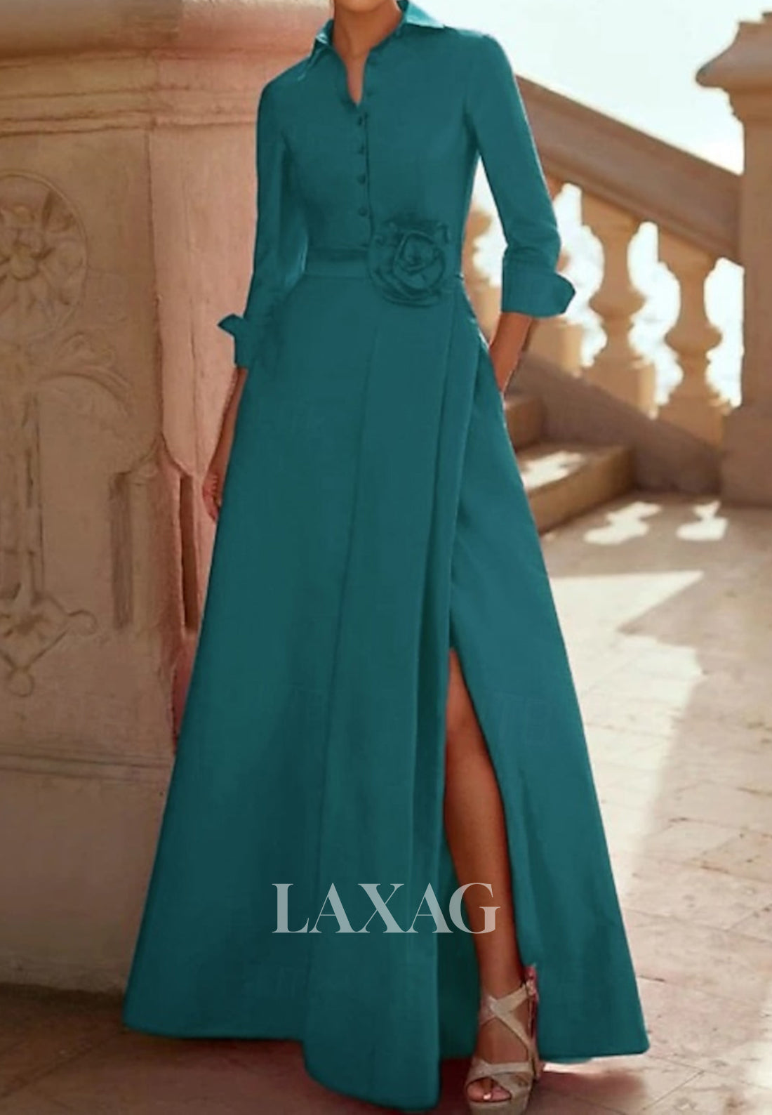 Collared 3/4-Sleeves 3D-Floral Satin Pleated A-Line Mother of the Bride Dress with Slit