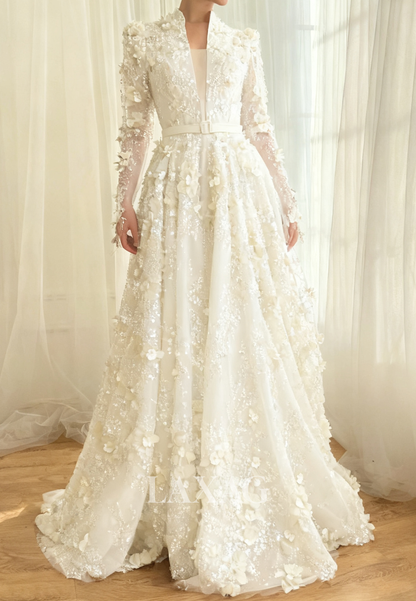 A-Line Plunging V-Neck Long-Sleeves Prom Dress Sequined Floral Embellished Tulle Party Gowns