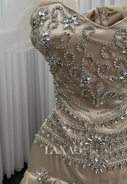 Sweetheart Sleeveless Rhinestone Beaded Pleated Satin Tulle A-Line Formal Evening Dress