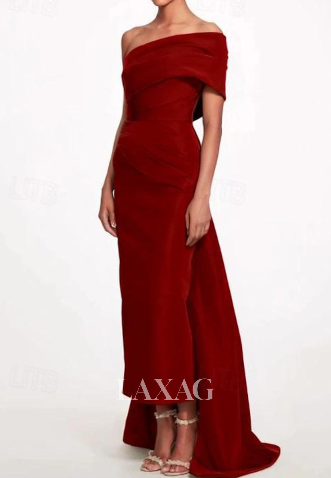 Asymmetrical-Neck Off-Shoulder Sleeveless Pleated Satin Ankle-Length Mermaid Formal Evening Dress