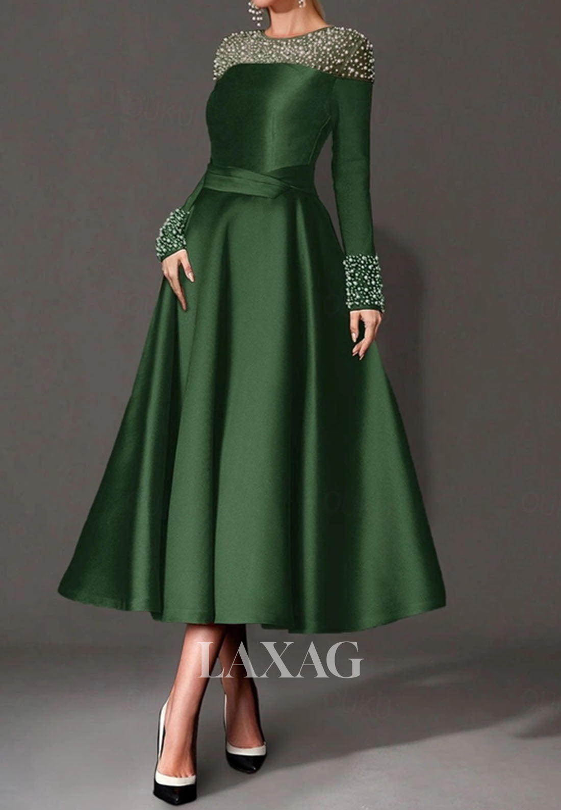 Scoop-Neck Long-Sleeves A-Line Evening Dress Beaded Pleated Satin Tea-Length Formal Gowns