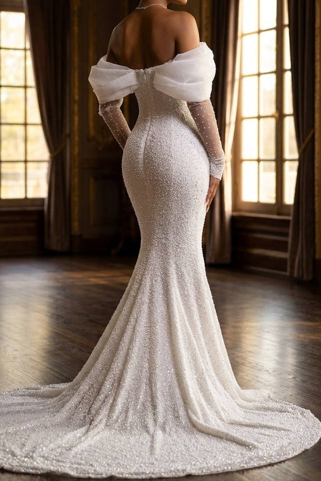Sweetheart Long-Sleeves Fully Beaded Satin&Tulle Pleated Mermaid Wedding Dress