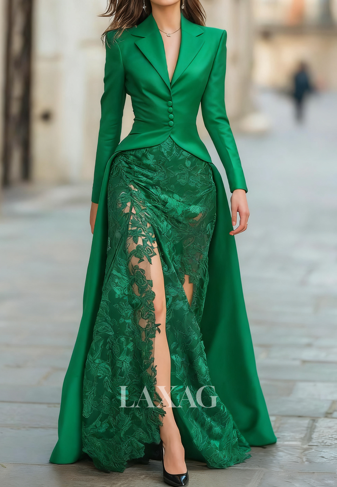Deep V-Neck Long-Sleeves Satin&Lace Floor-Length Mermaid Evening Dress with Train