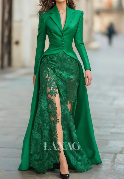 Deep V-Neck Long-Sleeves Satin&Lace Floor-Length Mermaid Evening Dress with Train