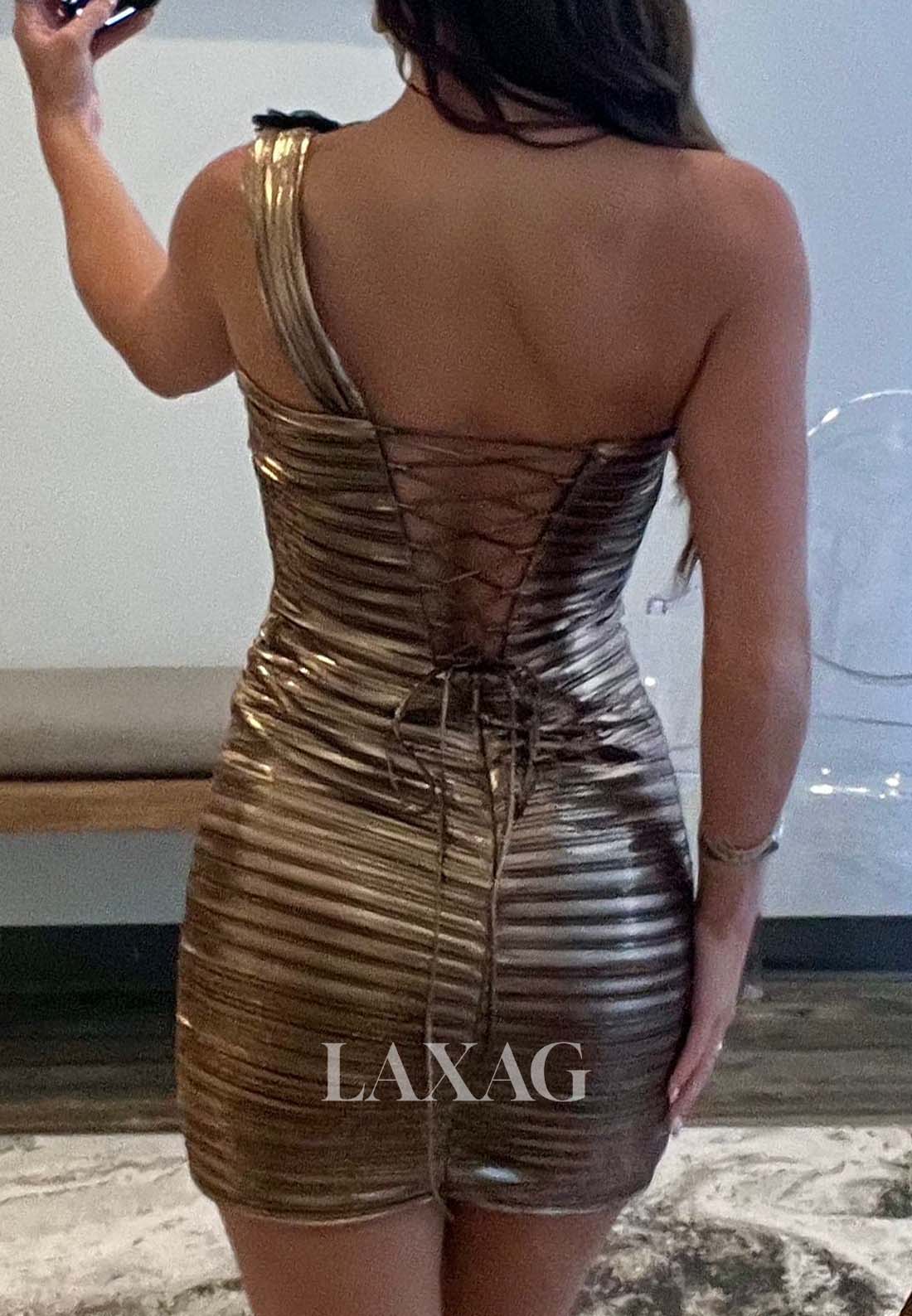 Asymmetrical-Neck One-Strap Sleeveless Pleated Satin Short A-Line Party Homecoming Dress