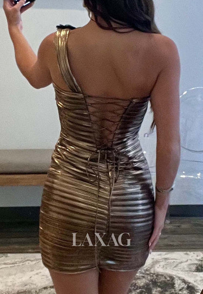 Asymmetrical-Neck One-Strap Sleeveless Pleated Satin Short A-Line Party Homecoming Dress