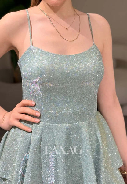 Scoop-Neck Spaghetti Straps Off-Shoulder Pleated Glitter-Knit Tiered A-Line Party Homecoming Dress