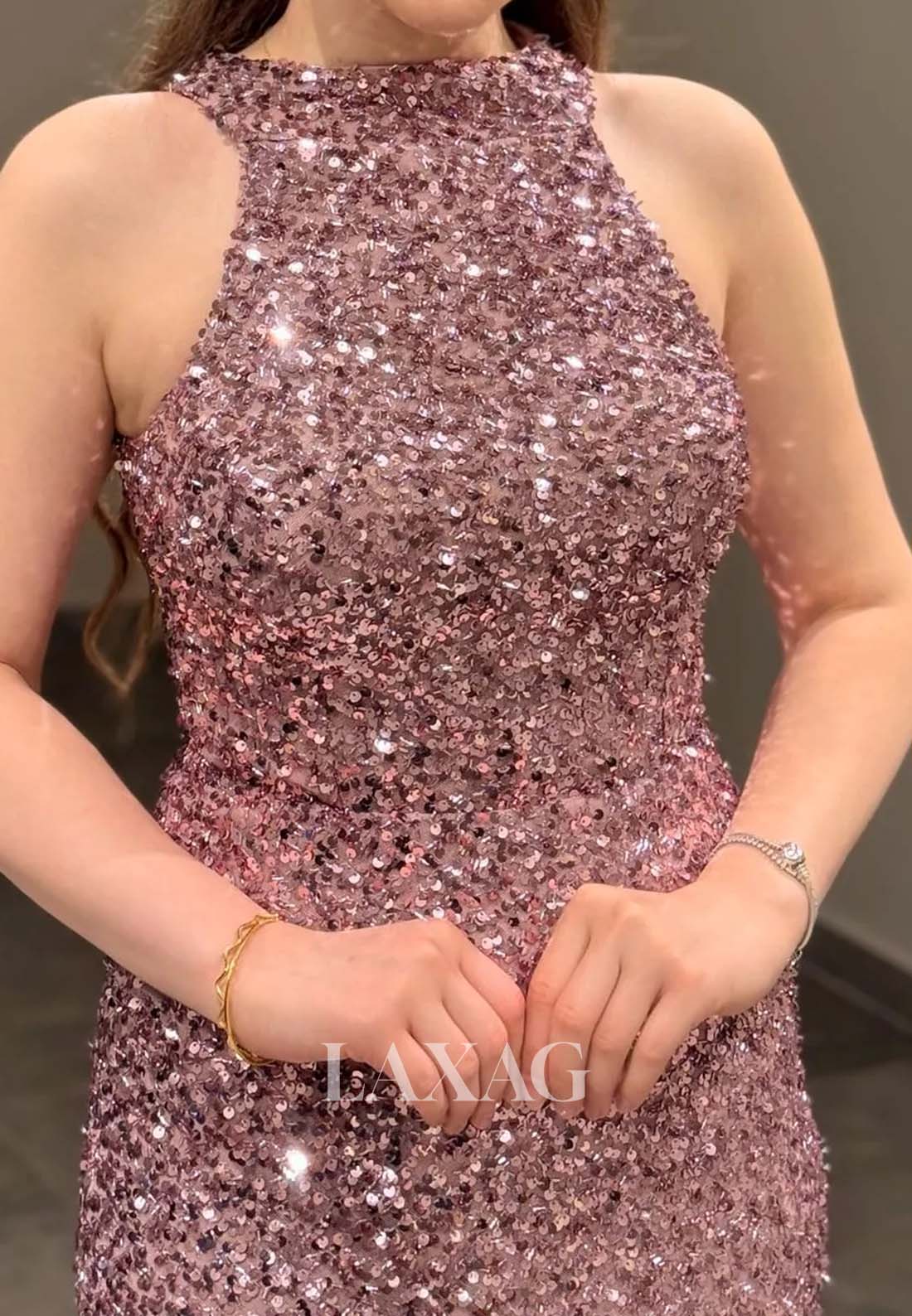 Halter-Neck Off-Shoulder Sleeveless Fully Sequined Short Mermaid Party Homecoming Dress