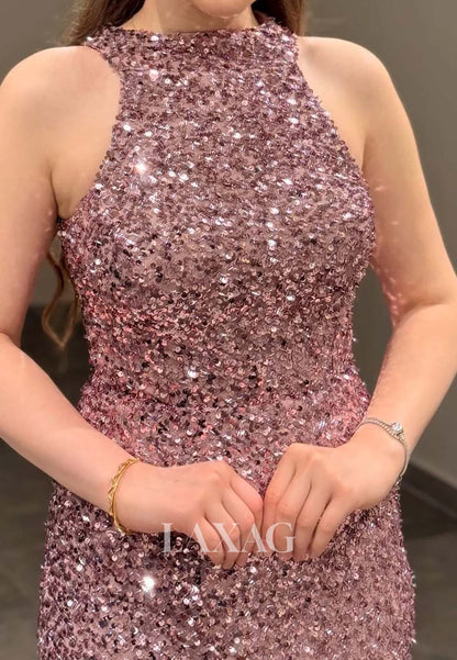 Halter-Neck Off-Shoulder Sleeveless Fully Sequined Short Mermaid Party Homecoming Dress