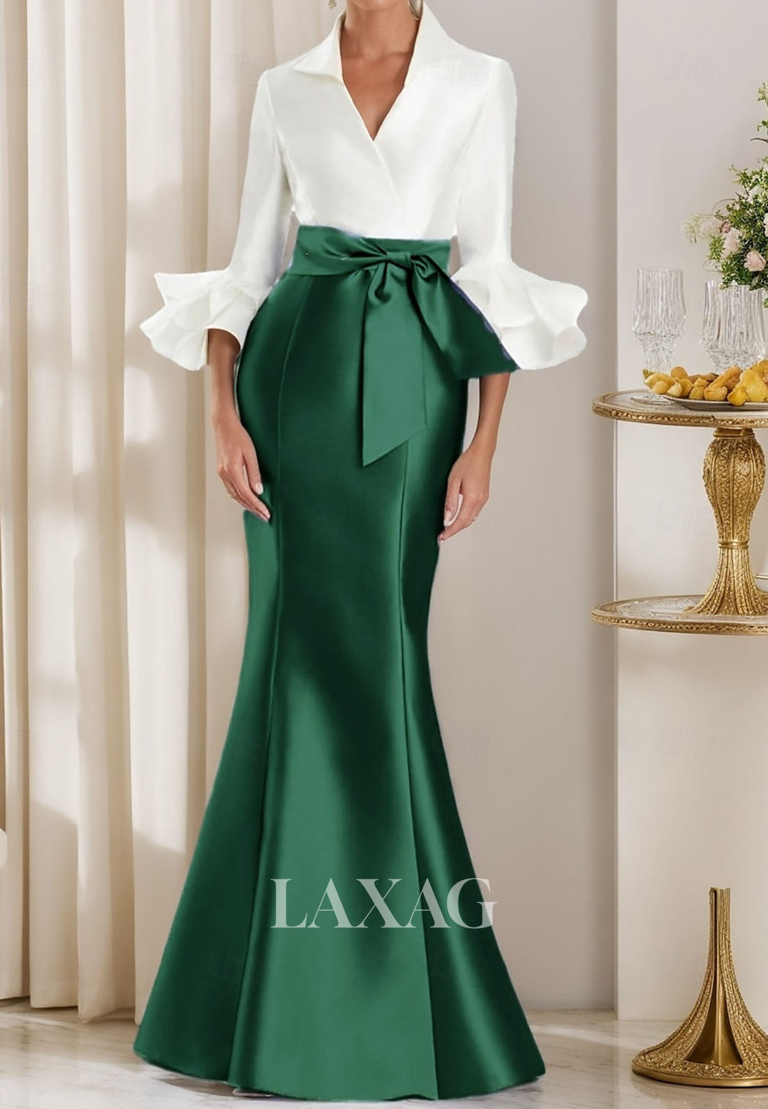 V-Neck Half-Sleeves Trumpet Mermaid Evening Dress Pleated Satin Floor-Length Formal Gowns