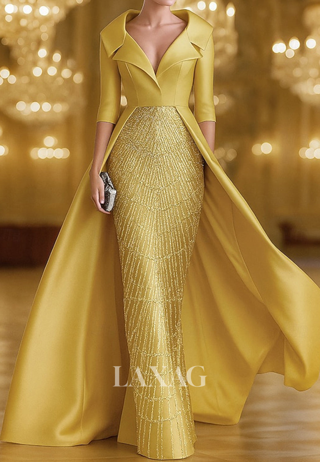 V-Neck Collared Half-Sleeves Sequined Beaded Satin Pleated Mermaid Mother of the Bride Dress