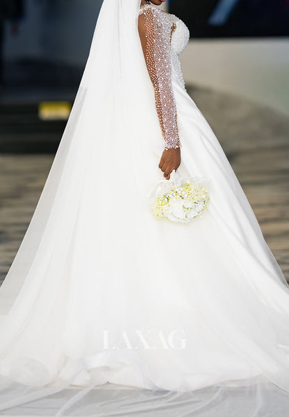 Sweetheart Long-Sleeves Fully Beaded Tulle&Satin Mermaid Wedding Dress with Train