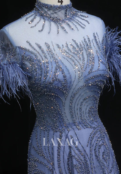 High-Neck Short-Sleeves Pleated A-Line Prom Dress Feathered Fully Sequined Beaded Evening Gowns