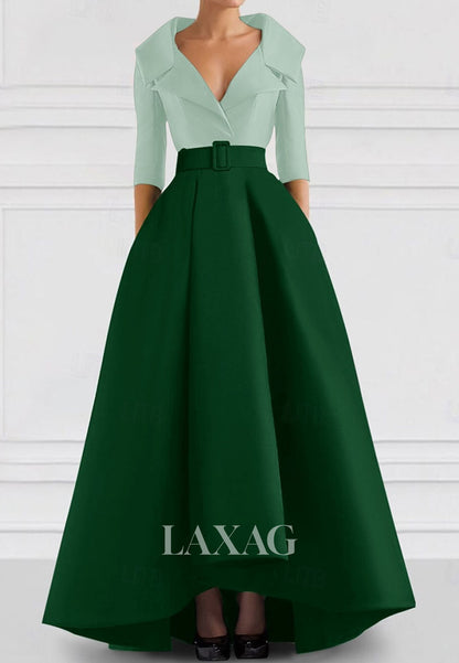 V-Neck Collared 3/4-Sleeves A-Line Evening Dress Two Tone Satin Floor-Length Formal Gowns