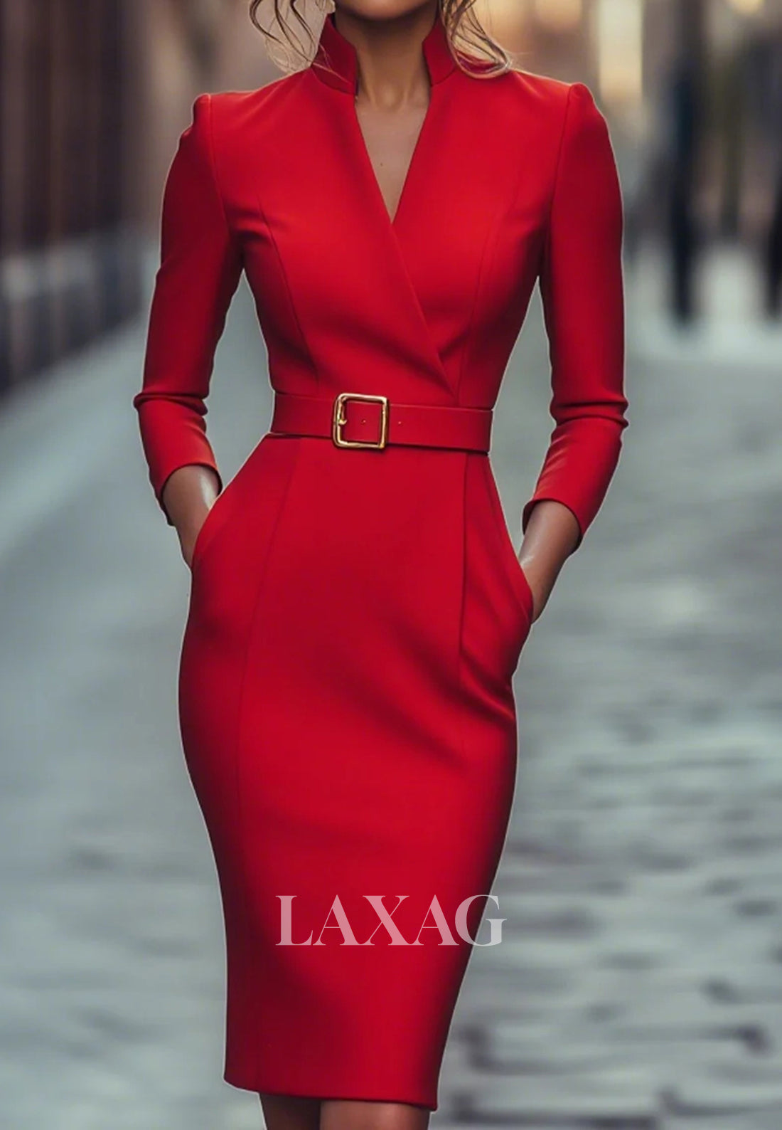 V-Neck Long-Sleeves Mermaid Mother of the Bride Dress Simple Knee-Length Satin Formal Gowns